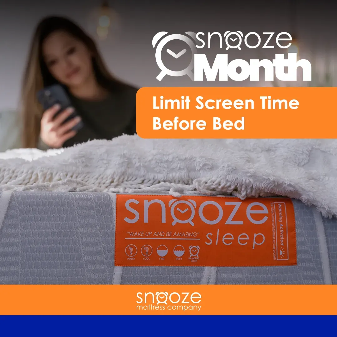 Blurred background of woman on phone with Snooze mattress